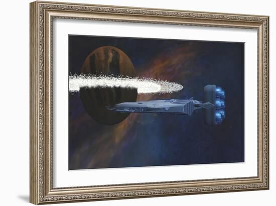 A Starship Passes by a Planet with a Ring of Asteroids-null-Framed Premium Giclee Print