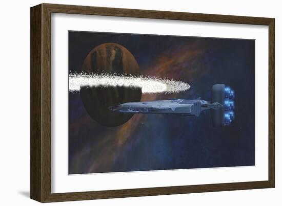 A Starship Passes by a Planet with a Ring of Asteroids-null-Framed Premium Giclee Print