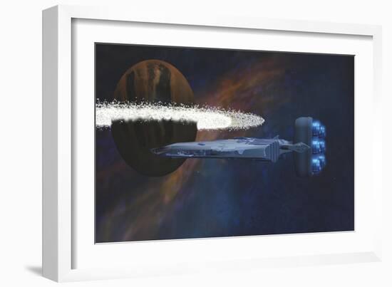 A Starship Passes by a Planet with a Ring of Asteroids-null-Framed Premium Giclee Print