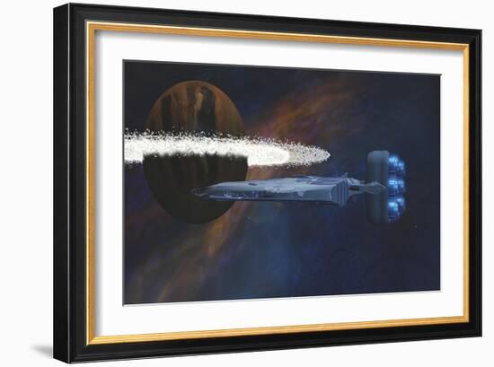 A Starship Passes by a Planet with a Ring of Asteroids-null-Framed Premium Giclee Print