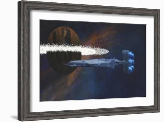 A Starship Passes by a Planet with a Ring of Asteroids-null-Framed Art Print