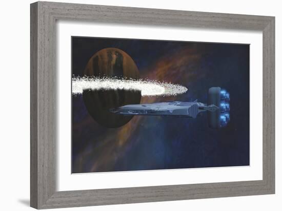 A Starship Passes by a Planet with a Ring of Asteroids-null-Framed Art Print