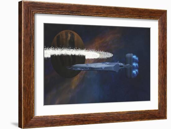 A Starship Passes by a Planet with a Ring of Asteroids-null-Framed Art Print