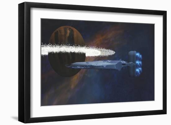 A Starship Passes by a Planet with a Ring of Asteroids-null-Framed Art Print
