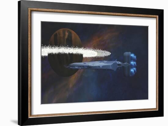 A Starship Passes by a Planet with a Ring of Asteroids-null-Framed Art Print