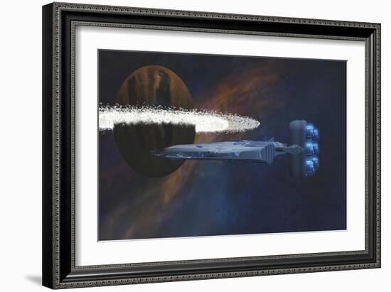 A Starship Passes by a Planet with a Ring of Asteroids-null-Framed Art Print