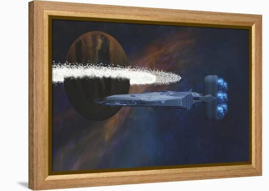 A Starship Passes by a Planet with a Ring of Asteroids-null-Framed Stretched Canvas