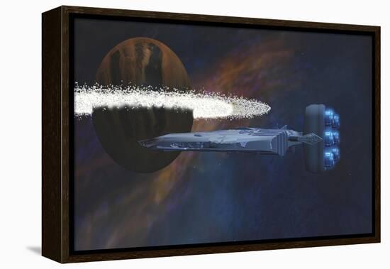 A Starship Passes by a Planet with a Ring of Asteroids-null-Framed Stretched Canvas