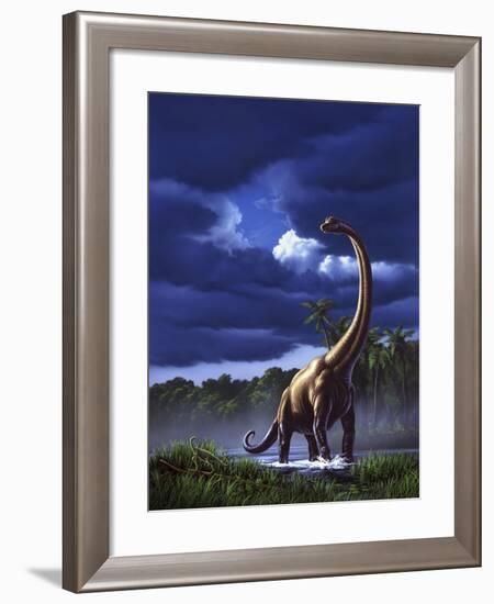 A Startled Brachiosaurus Splashes Through a Swamp Against a Stormy Sky-null-Framed Art Print