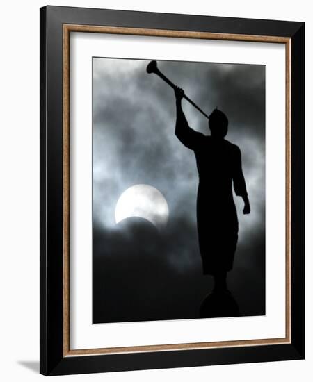 A Statue is Seen against a Cloudy Sky and a Partial Solar Eclipse-null-Framed Photographic Print