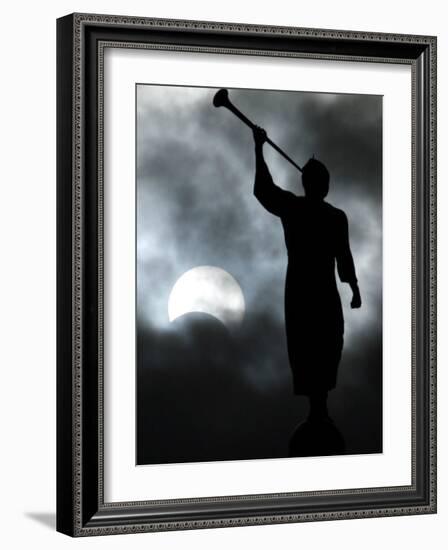 A Statue is Seen against a Cloudy Sky and a Partial Solar Eclipse-null-Framed Photographic Print