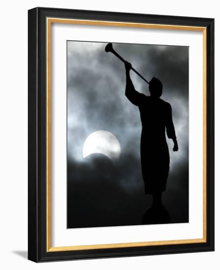 A Statue is Seen against a Cloudy Sky and a Partial Solar Eclipse-null-Framed Photographic Print