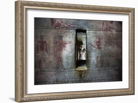 A Statue Through a Window in a Bas Relief Covered Wall in the Tomb of Ti-Alex Saberi-Framed Photographic Print