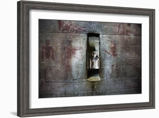 A Statue Through a Window in a Bas Relief Covered Wall in the Tomb of Ti-Alex Saberi-Framed Photographic Print