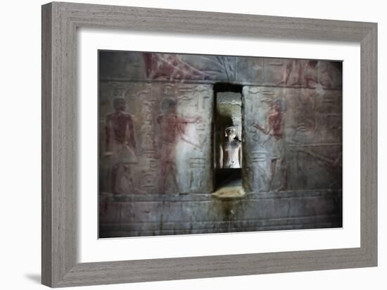 A Statue Through a Window in a Bas Relief Covered Wall in the Tomb of Ti-Alex Saberi-Framed Photographic Print