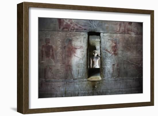 A Statue Through a Window in a Bas Relief Covered Wall in the Tomb of Ti-Alex Saberi-Framed Photographic Print