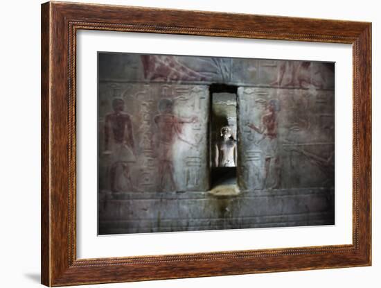 A Statue Through a Window in a Bas Relief Covered Wall in the Tomb of Ti-Alex Saberi-Framed Photographic Print