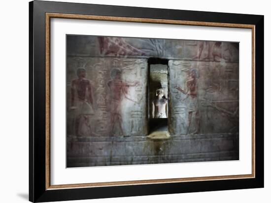 A Statue Through a Window in a Bas Relief Covered Wall in the Tomb of Ti-Alex Saberi-Framed Photographic Print