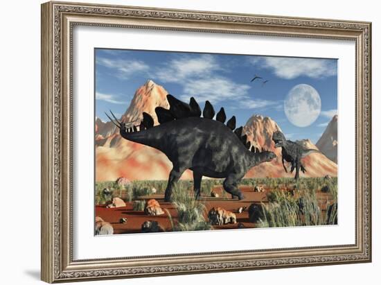 A Stegosaurus Defending Itself from an Attacking Allosaurus-Stocktrek Images-Framed Art Print