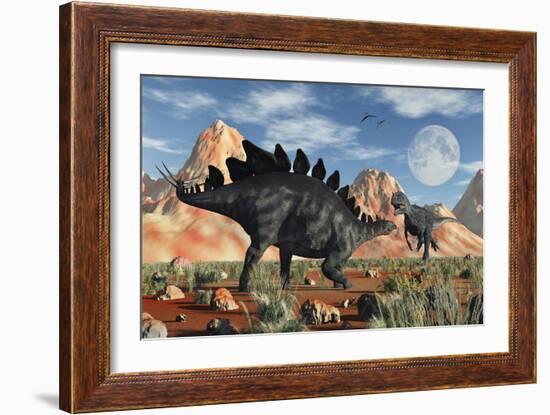 A Stegosaurus Defending Itself from an Attacking Allosaurus-Stocktrek Images-Framed Art Print