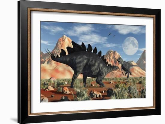 A Stegosaurus Defending Itself from an Attacking Allosaurus-Stocktrek Images-Framed Art Print