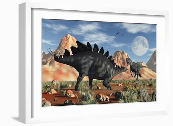 A Stegosaurus Defending Itself from an Attacking Allosaurus-Stocktrek Images-Framed Art Print