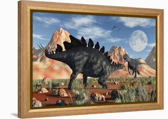 A Stegosaurus Defending Itself from an Attacking Allosaurus-Stocktrek Images-Framed Stretched Canvas
