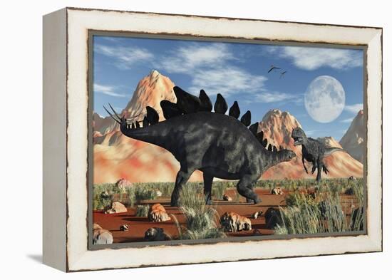 A Stegosaurus Defending Itself from an Attacking Allosaurus-Stocktrek Images-Framed Stretched Canvas