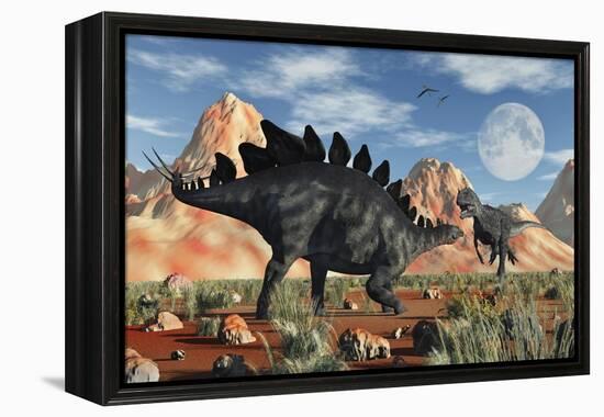 A Stegosaurus Defending Itself from an Attacking Allosaurus-Stocktrek Images-Framed Stretched Canvas