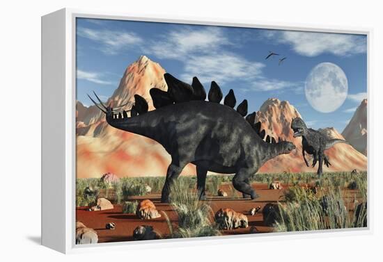 A Stegosaurus Defending Itself from an Attacking Allosaurus-Stocktrek Images-Framed Stretched Canvas