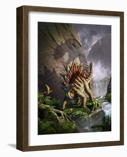 A Stegosaurus Is Surprised by an Allosarous While Feeding in a Lush Gorge-null-Framed Art Print