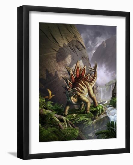 A Stegosaurus Is Surprised by an Allosarous While Feeding in a Lush Gorge-null-Framed Art Print