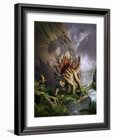 A Stegosaurus Is Surprised by an Allosarous While Feeding in a Lush Gorge-null-Framed Art Print