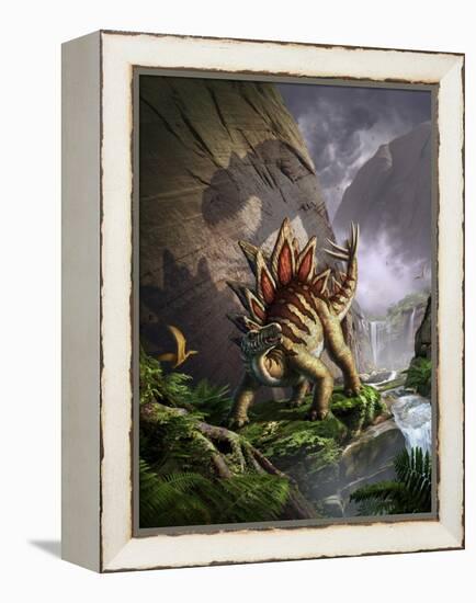 A Stegosaurus Is Surprised by an Allosarous While Feeding in a Lush Gorge-null-Framed Stretched Canvas