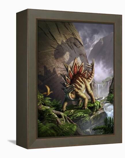 A Stegosaurus Is Surprised by an Allosarous While Feeding in a Lush Gorge-null-Framed Stretched Canvas