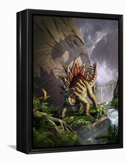 A Stegosaurus Is Surprised by an Allosarous While Feeding in a Lush Gorge-null-Framed Stretched Canvas