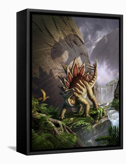 A Stegosaurus Is Surprised by an Allosarous While Feeding in a Lush Gorge-null-Framed Stretched Canvas