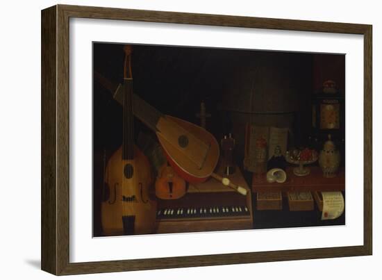 A Still Life of a Large Viol, a Lute, a Violin, a Recorder, and a Harpsichord with a Terrestrial…-Jon Arnold-Framed Premium Giclee Print