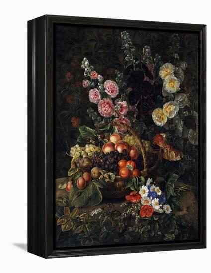 A Still Life of Flowers and a Basket of Fruit-Johan Laurentz Jensen-Framed Premier Image Canvas