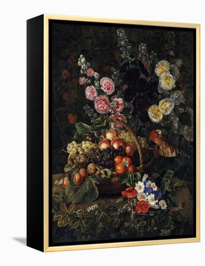 A Still Life of Flowers and a Basket of Fruit-Johan Laurentz Jensen-Framed Premier Image Canvas