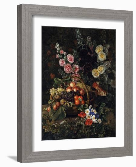 A Still Life of Flowers and a Basket of Fruit-Johan Laurentz Jensen-Framed Giclee Print