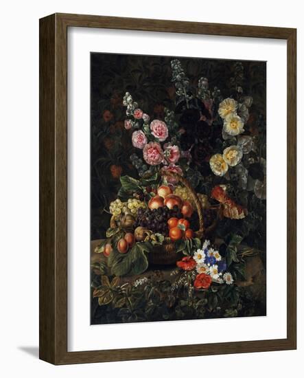 A Still Life of Flowers and a Basket of Fruit-Johan Laurentz Jensen-Framed Giclee Print