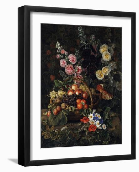 A Still Life of Flowers and a Basket of Fruit-Johan Laurentz Jensen-Framed Giclee Print