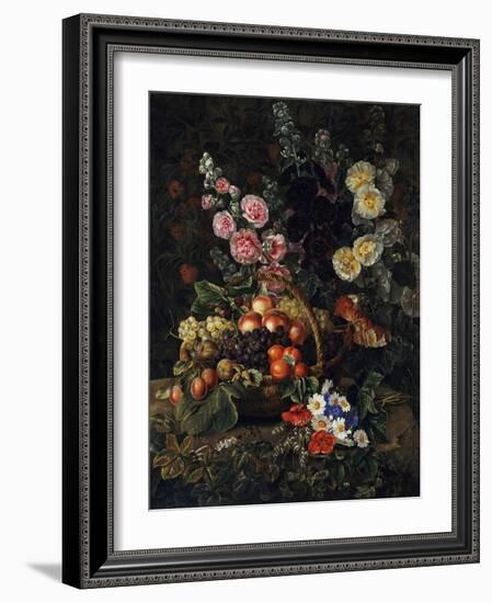 A Still Life of Flowers and a Basket of Fruit-Johan Laurentz Jensen-Framed Giclee Print