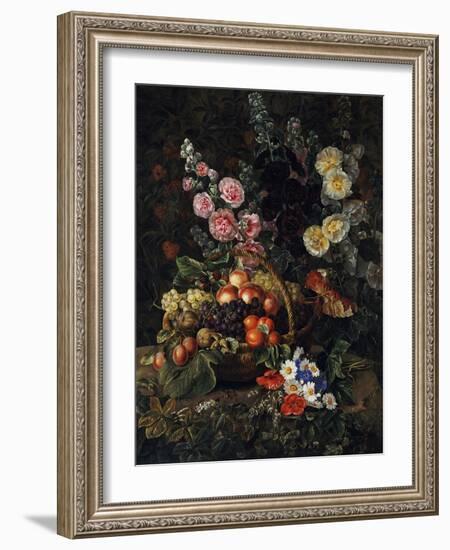 A Still Life of Flowers and a Basket of Fruit-Johan Laurentz Jensen-Framed Giclee Print