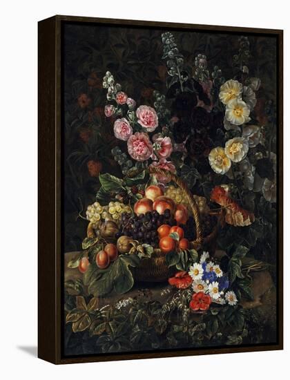 A Still Life of Flowers and a Basket of Fruit-Johan Laurentz Jensen-Framed Premier Image Canvas