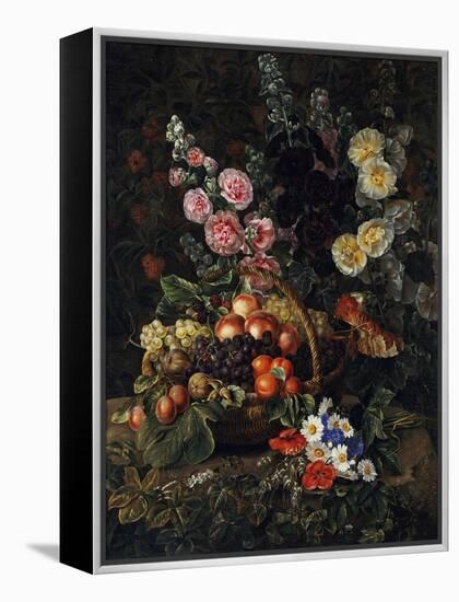 A Still Life of Flowers and a Basket of Fruit-Johan Laurentz Jensen-Framed Premier Image Canvas