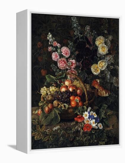 A Still Life of Flowers and a Basket of Fruit-Johan Laurentz Jensen-Framed Premier Image Canvas