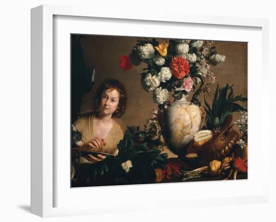 A Still Life of Flowers, Fruit, Vegetables and Seafood on a Ledge-Bernardo Strozzi-Framed Giclee Print