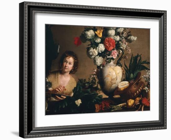 A Still Life of Flowers, Fruit, Vegetables and Seafood on a Ledge-Bernardo Strozzi-Framed Giclee Print